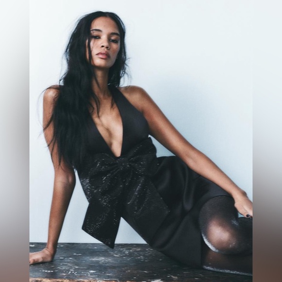 NWT. Zara Black Rhinestone Maxi Bow Short Dress. Side XS. - Picture 3 of 11